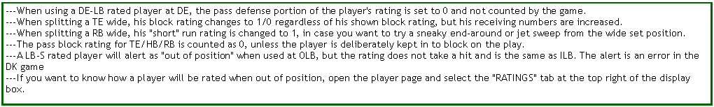 Text Box: ---When using a DE-LB rated player at DE, the pass defense portion of the player's rating is set to 0 and not counted by the game.
---When splitting a TE wide, his block rating changes to 1/0 regardless of his shown block rating, but his receiving numbers are increased.
---When splitting a RB wide, his "short" run rating is changed to 1, in case you want to try a sneaky end-around or jet sweep from the wide set position.
---The pass block rating for TE/HB/RB is counted as 0, unless the player is deliberately kept in to block on the play.
---A LB-S rated player will alert as "out of position" when used at OLB, but the rating does not take a hit and is the same as ILB. The alert is an error in the DK game
---If you want to know how a player will be rated when out of position, open the player page and select the "RATINGS" tab at the top right of the display box.  